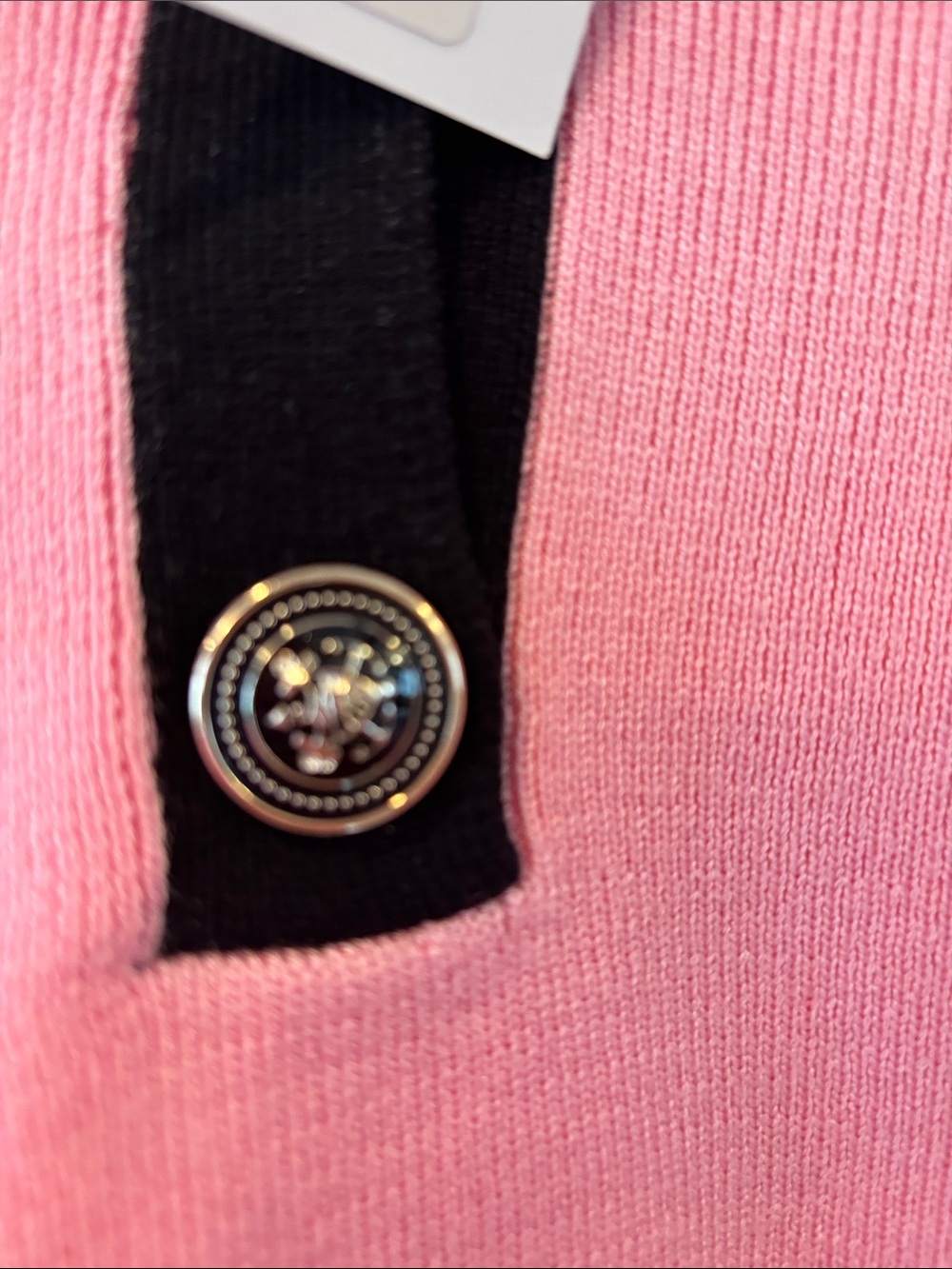 THML Pink V‑Neck Polo Sweater with Black Trim and Cream Hem - Picture 3 of 6